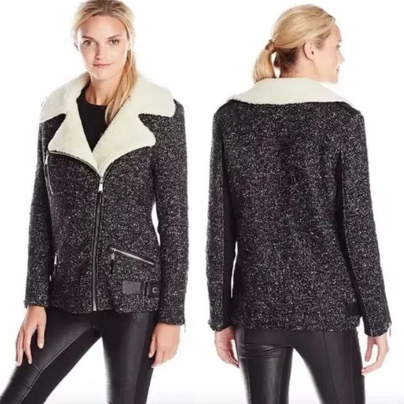 BCBGeneration B&W Speckle Tweed Moto Coat Shearling Interior, size S - Picture 1 of 16